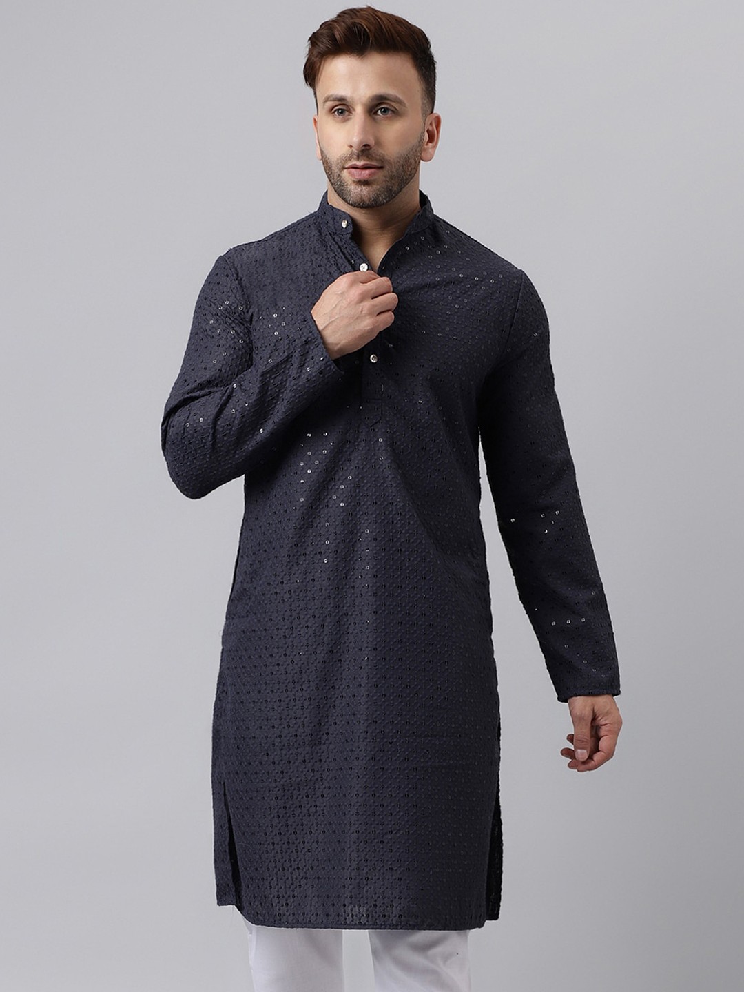 

hangup trend Sequinned Embellished Mandarin Collar Straight Kurta, Navy blue