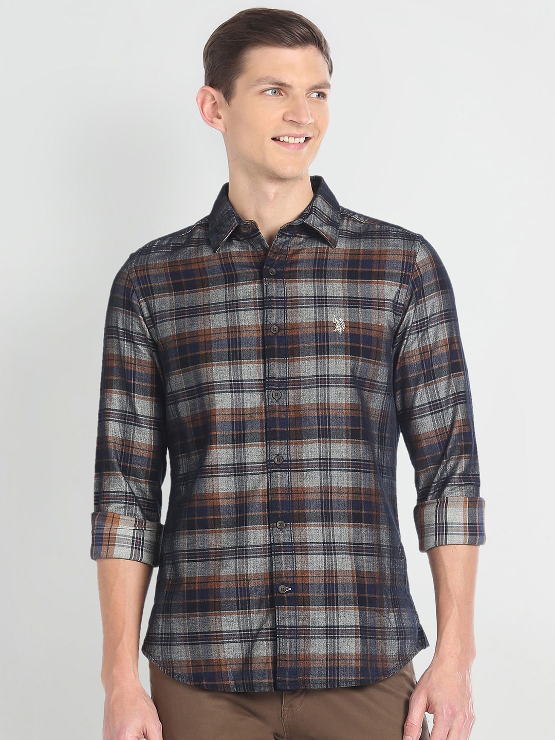 

U.S. Polo Assn. Denim Co. Slim Fit Tartan Checks Checked Pure Cotton Dobby Casual Shirt, Navy blue