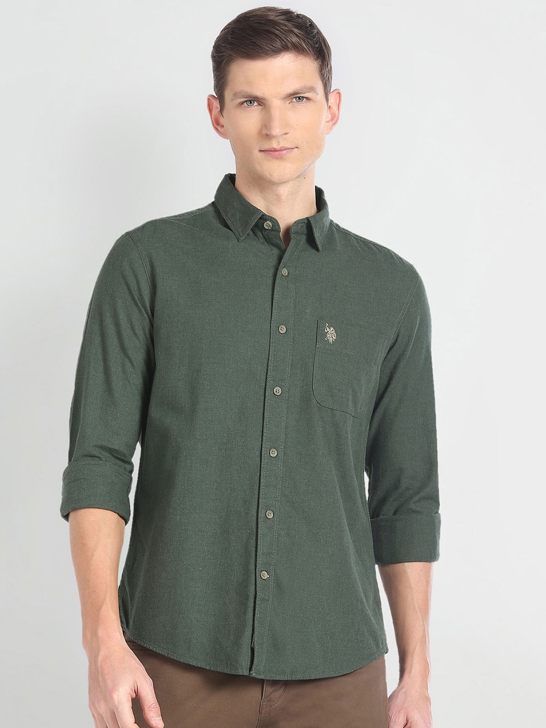 

U.S. Polo Assn. Denim Co. Slim Fit Twill Pure Cotton Casual Shirt, Green