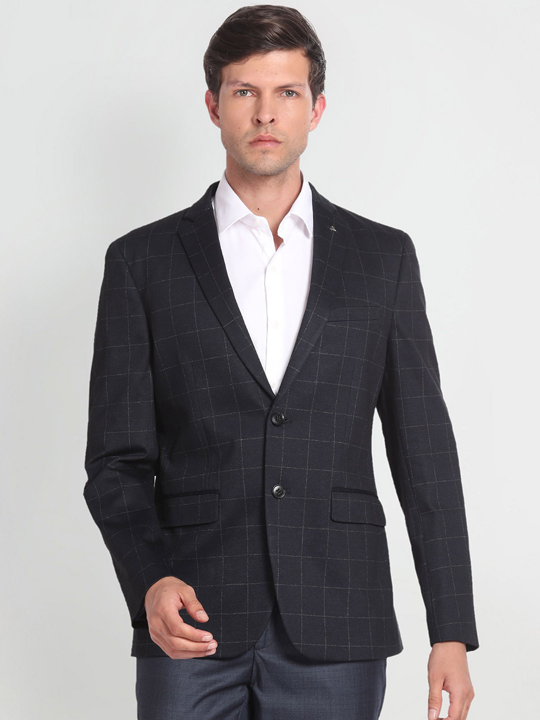 

Arrow 1851 Checked Notched Lapel Collar Single Breasted Slim Fit Formal Blazers, Navy blue