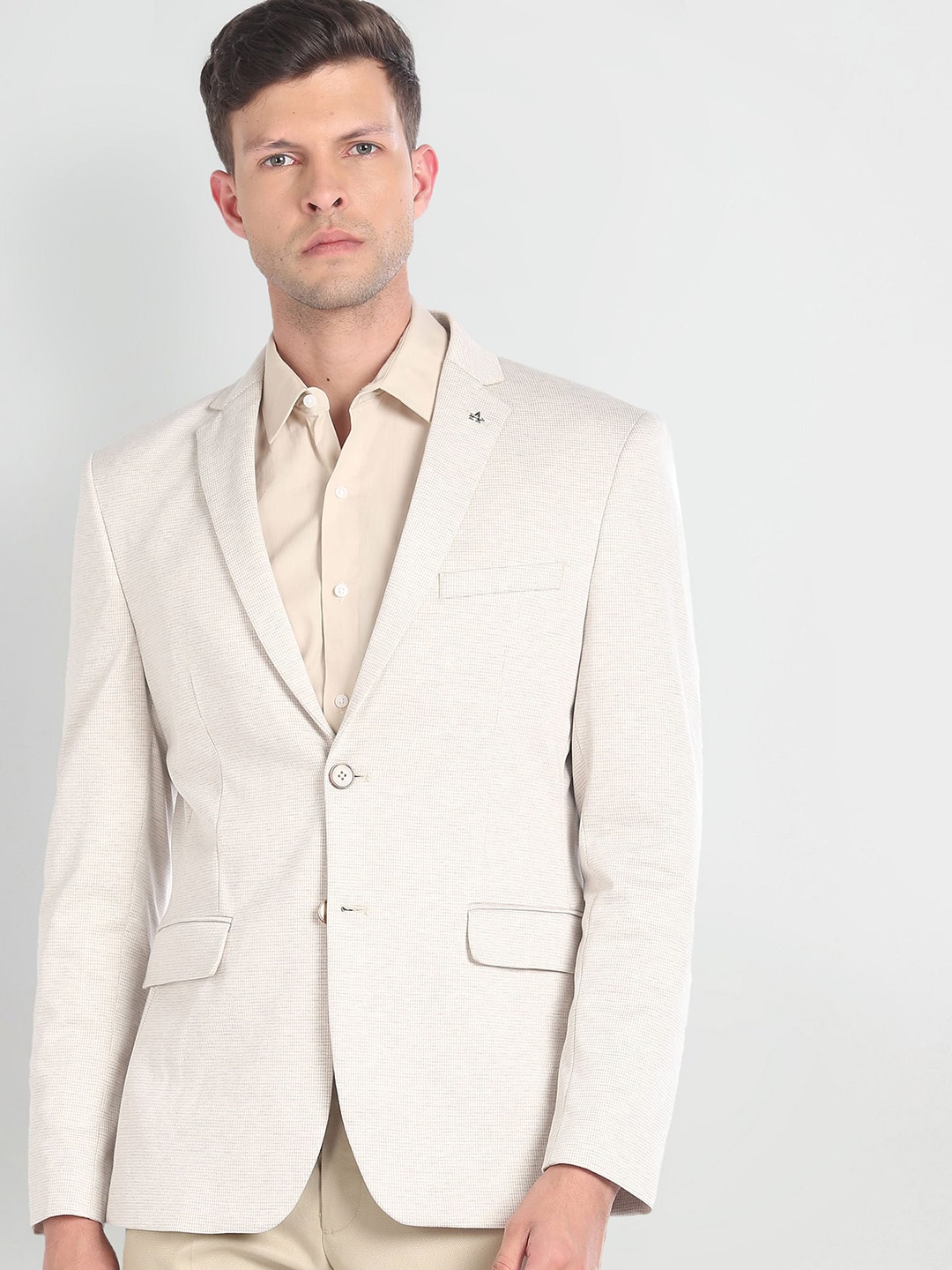

Arrow Men Self-Design Single Breasted Blazer, Beige