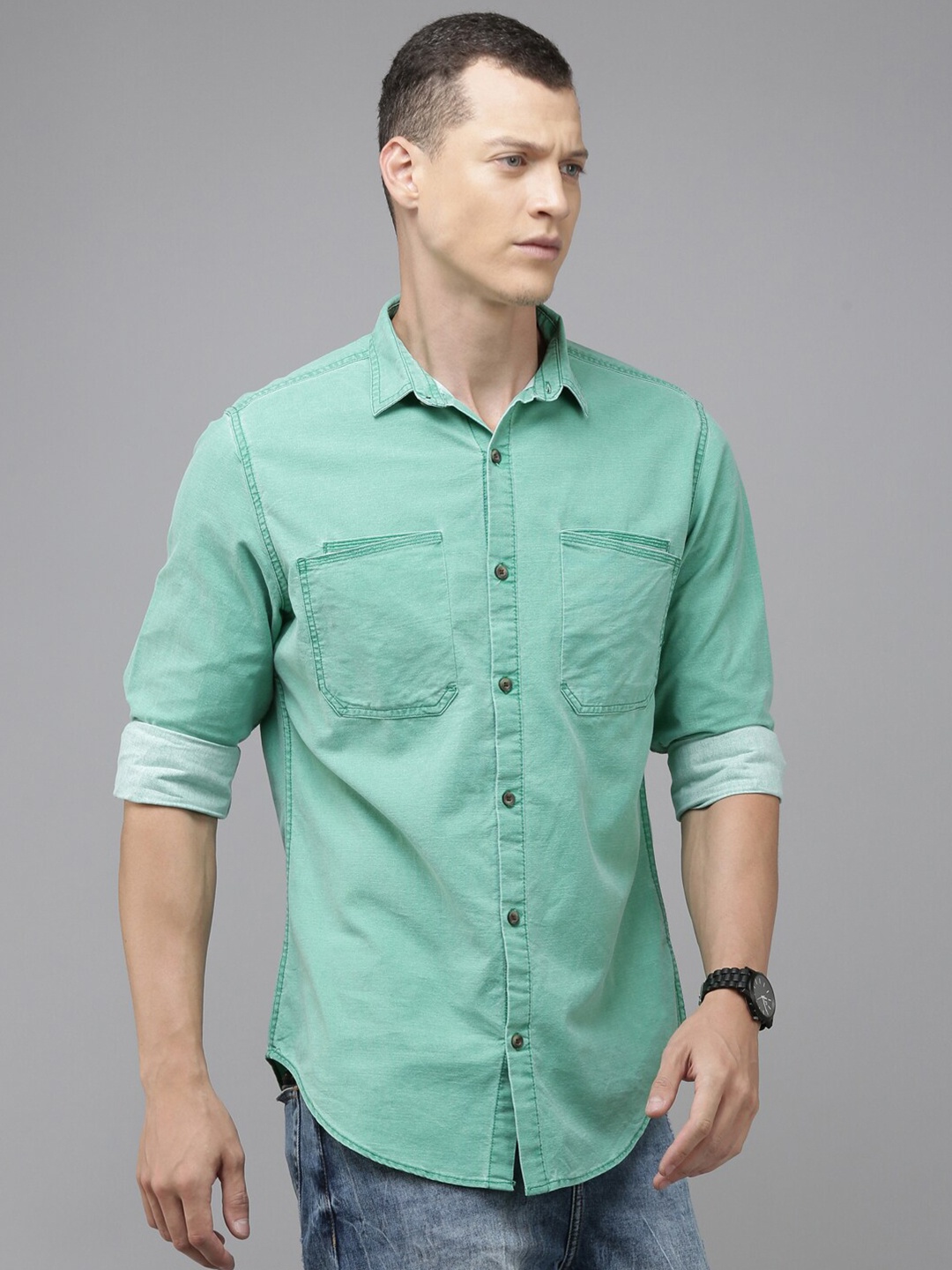 

OOKO KAKA Cotton Slim Fit Opaque Casual Shirt, Green
