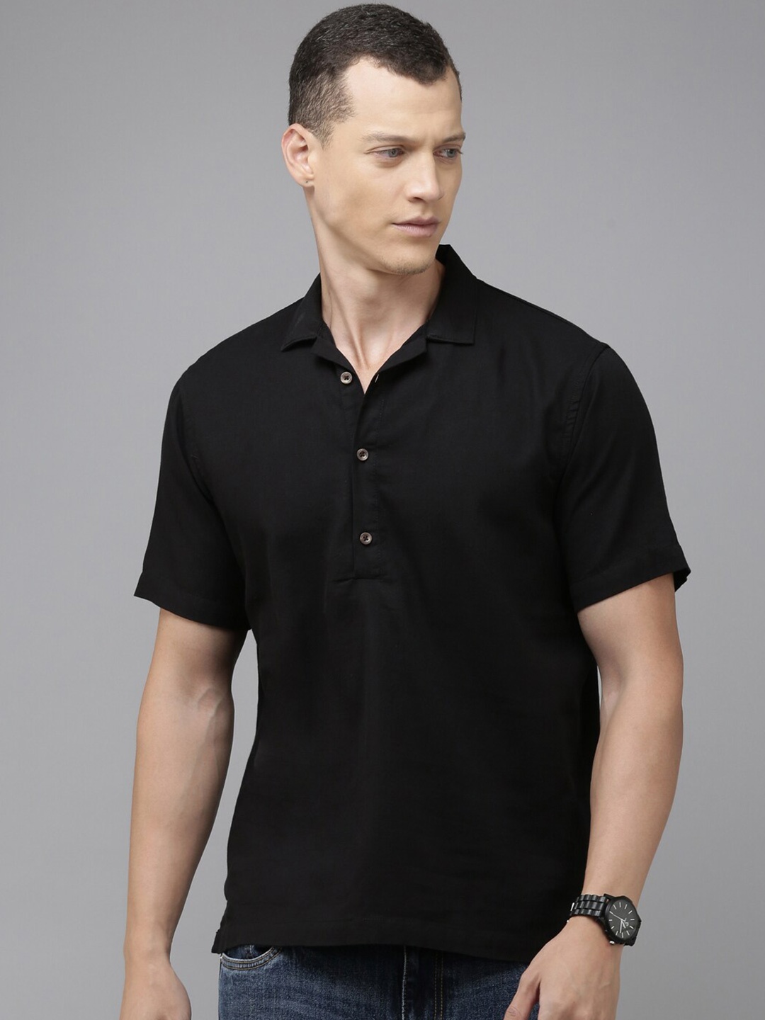 

OOKO KAKA Cotton Slim Fit Opaque Casual Shirt, Black