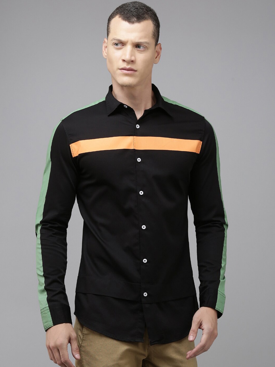 

OOKO KAKA Horizontal Striped Cotton Slim Fit Opaque Casual Shirt, Black