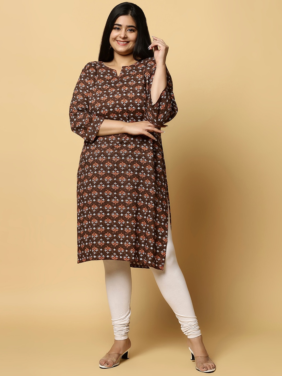 

Sztori Plus Size Ethnic Motifs Printed Pure Cotton Kurta, Brown