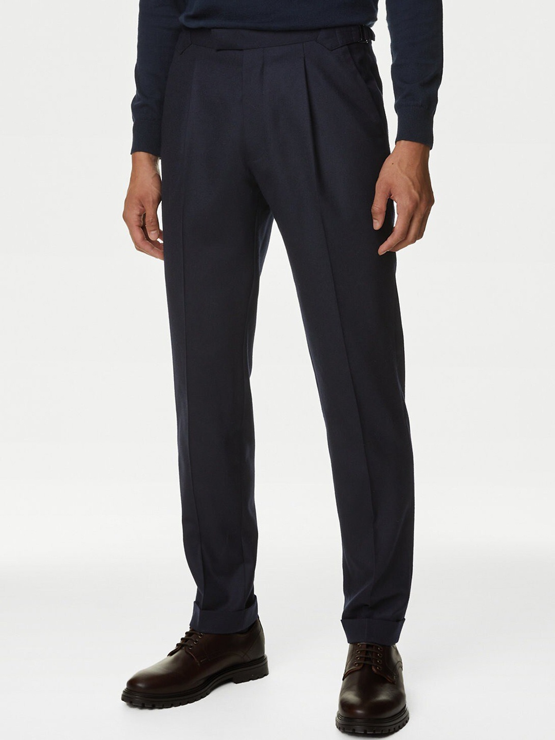 

Marks & Spencer Men Mid-Rise Regular Fit Pleated Wool Formal Trousers, Navy blue
