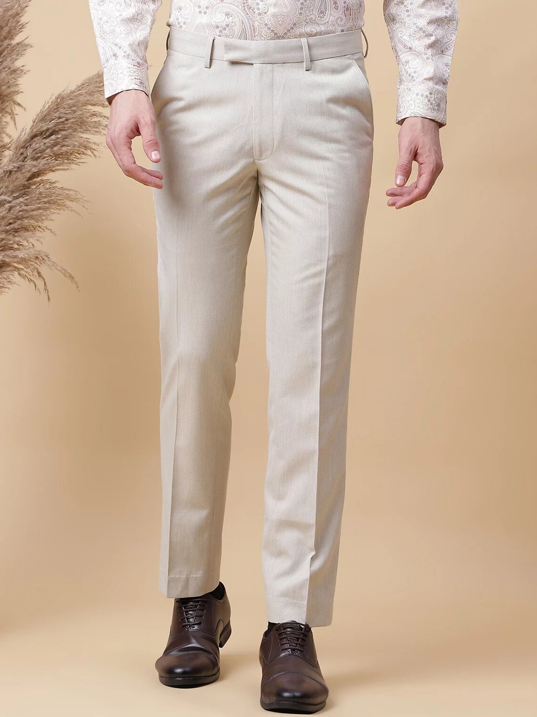 

Marks & Spencer Men Mid-Rise Slim Fit Formal Trousers, Beige