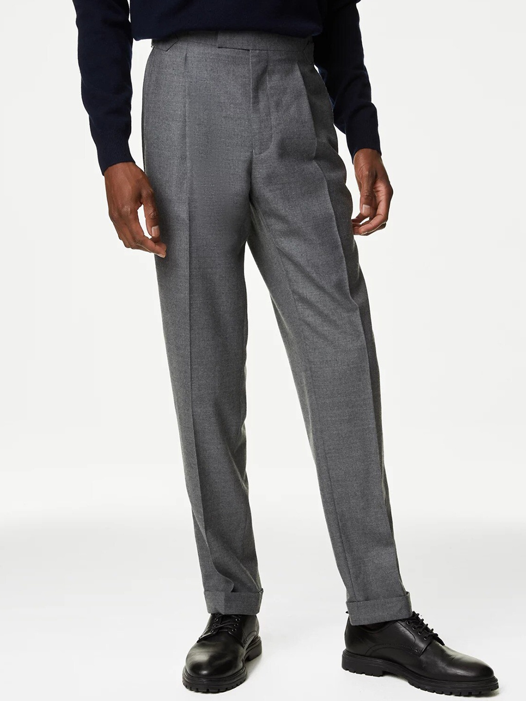 

Marks & Spencer Men Mid-Rise Wool Formal Trousers, Grey