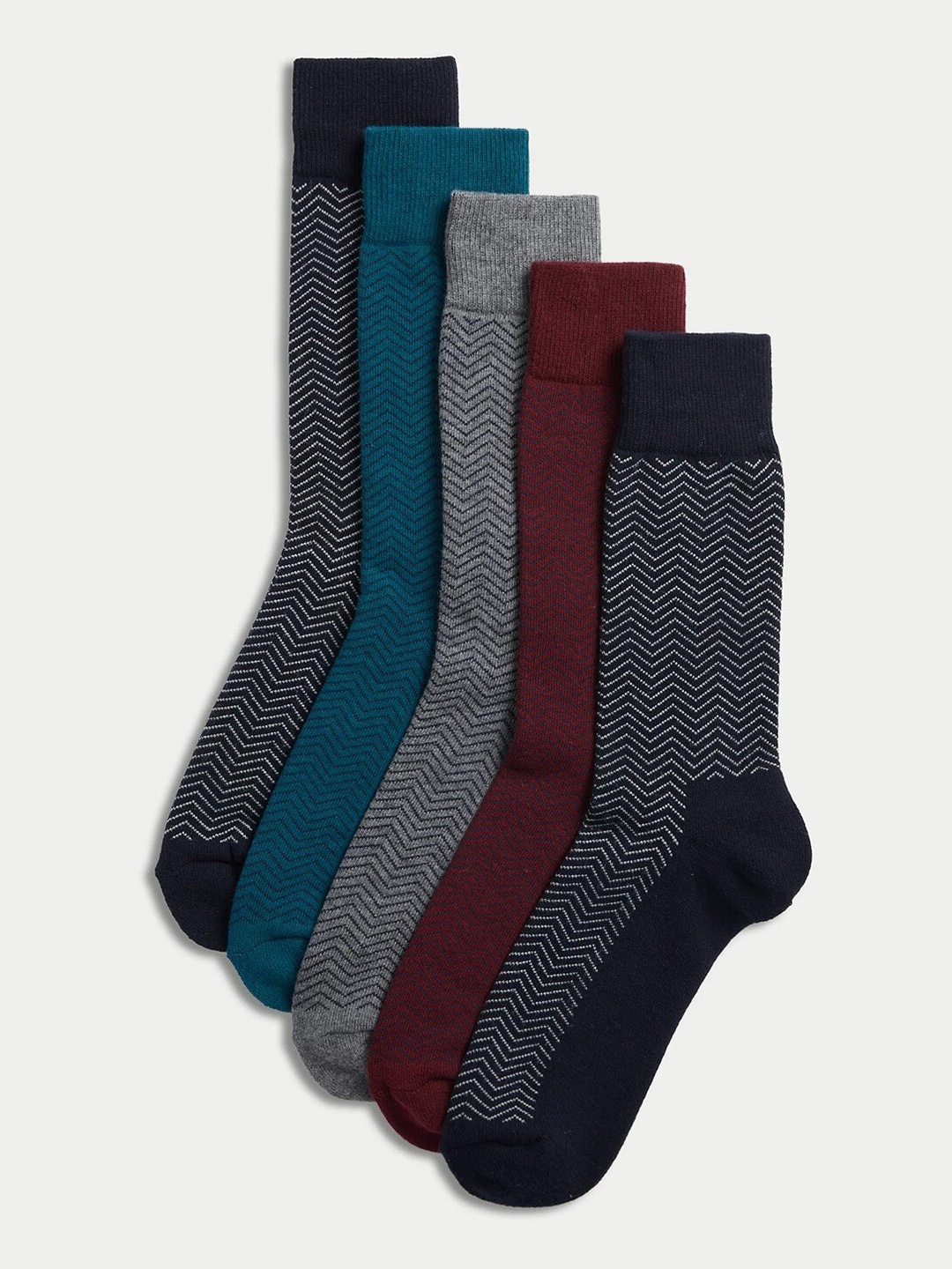 

Marks & Spencer Men Set Of 5 Patterned Calf-Length Socks, Navy blue