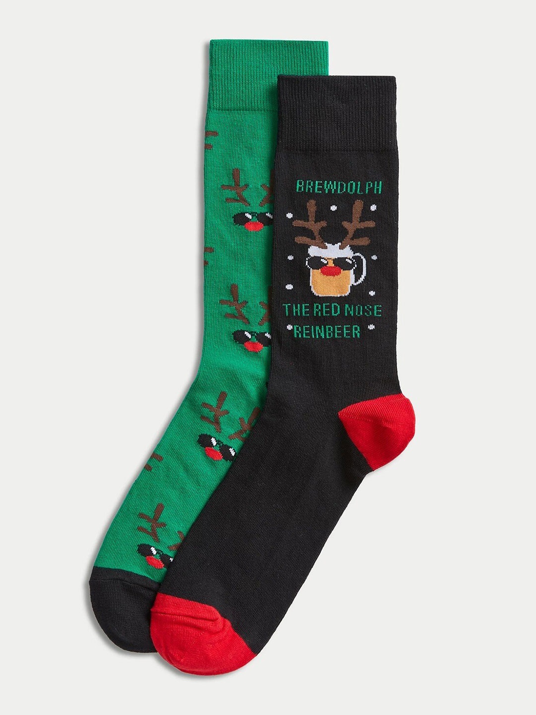 

Marks & Spencer Men Pack Of 2 Brew Rudolph Patterned Calf Socks, Green