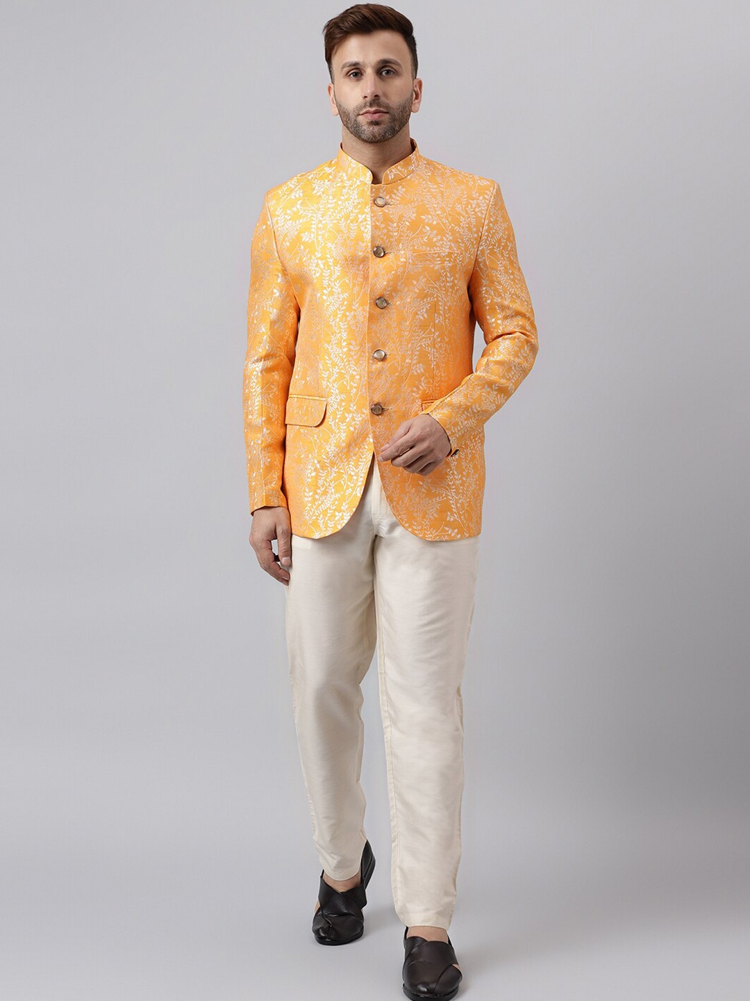 

Hangup Self Design Bandhgala Jacquard Two-Piece Ethnic Suit, Orange