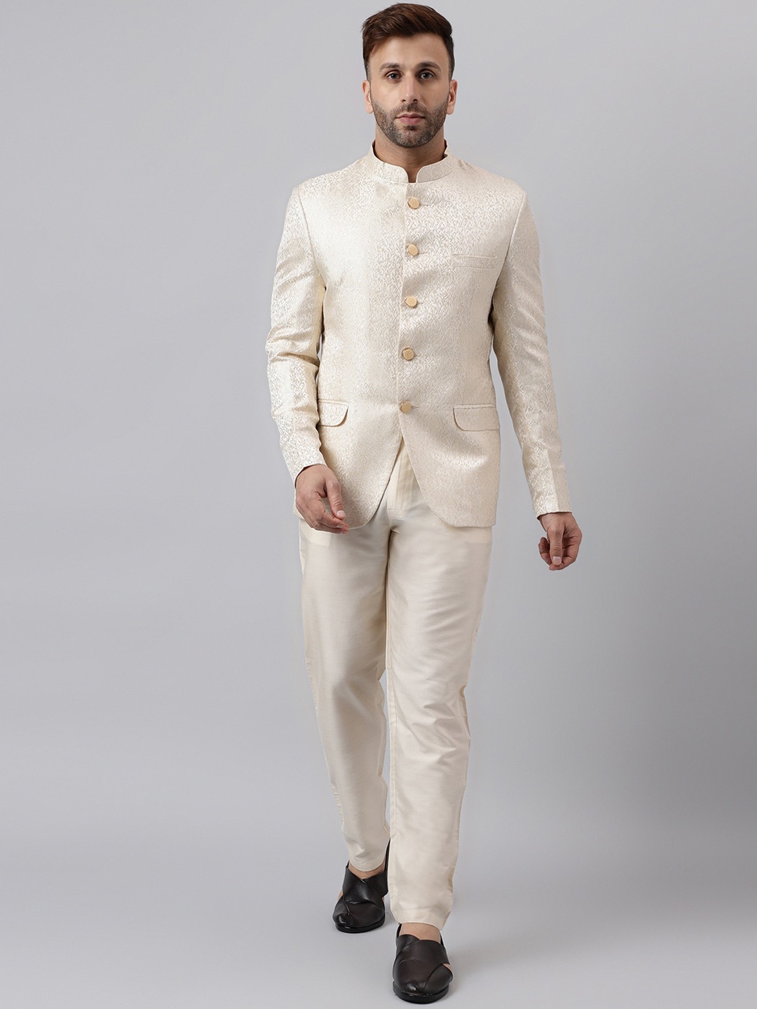 

Hangup Self Design Bandhgala Two-Piece Formal Suit, Cream