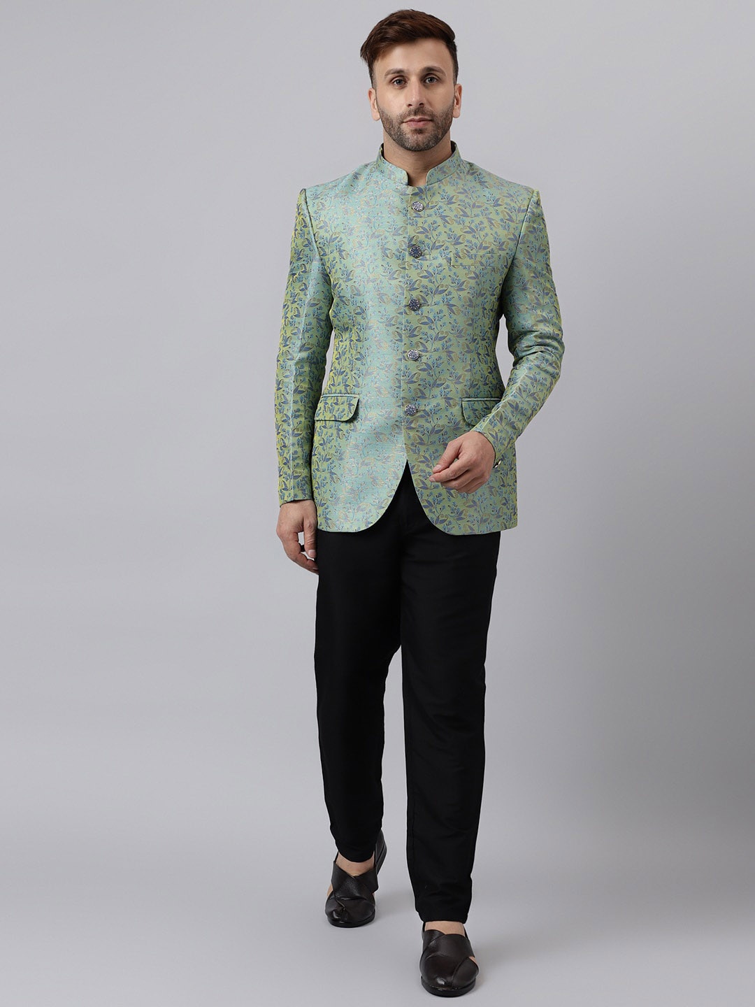 

Hangup Self Design Single-Breasted Jacquard Two-Piece Bandhgala Suit, Green