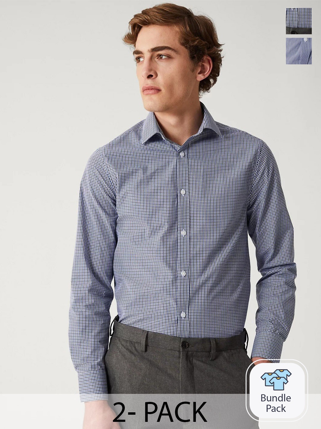 

Marks & Spencer Pack Of 2 Slim Fit Micro Checked Spread Collar Formal Shirts, Blue