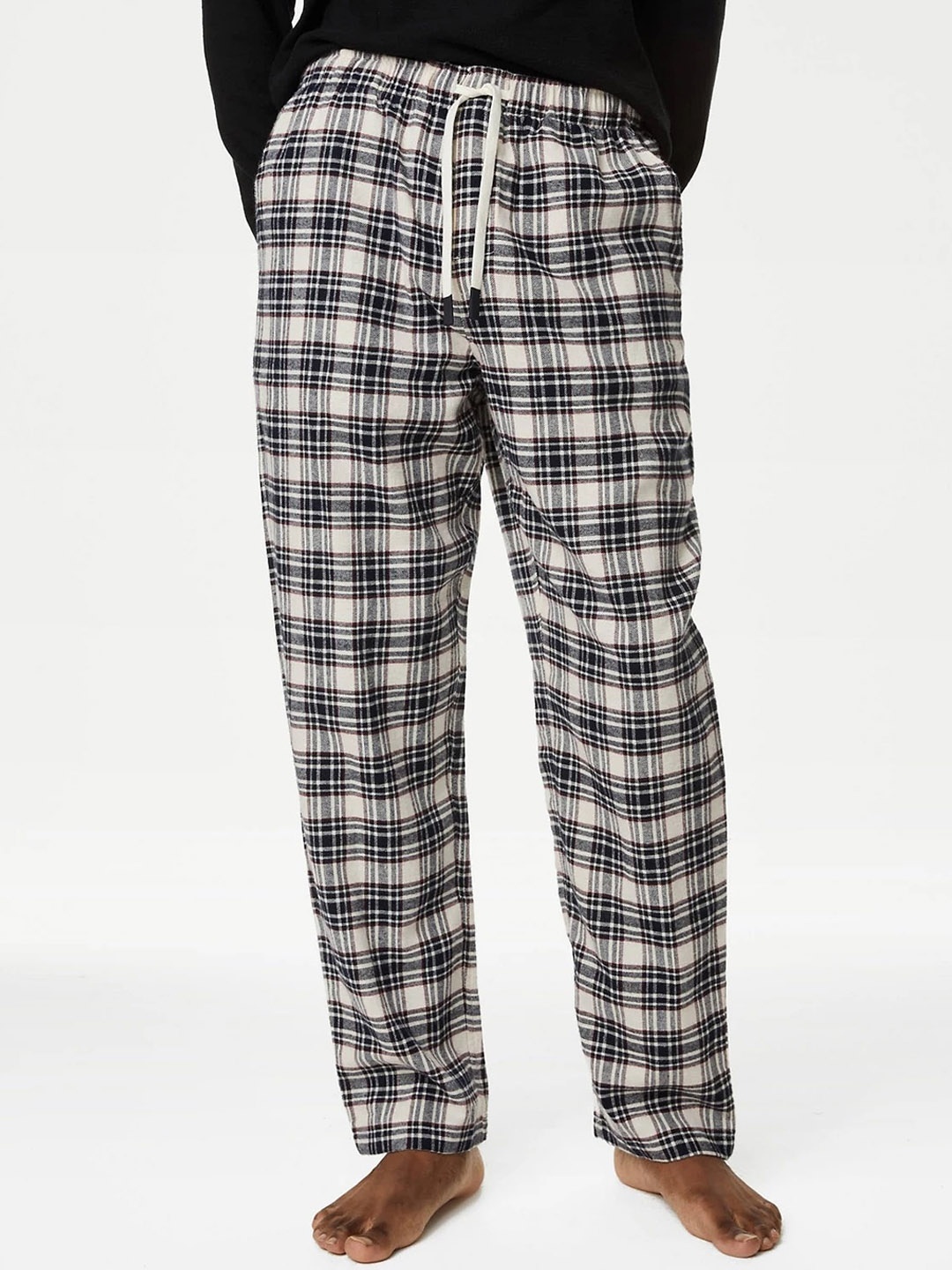 

Marks & Spencer Men Beige & Black Checked Cotton Lounge Pants