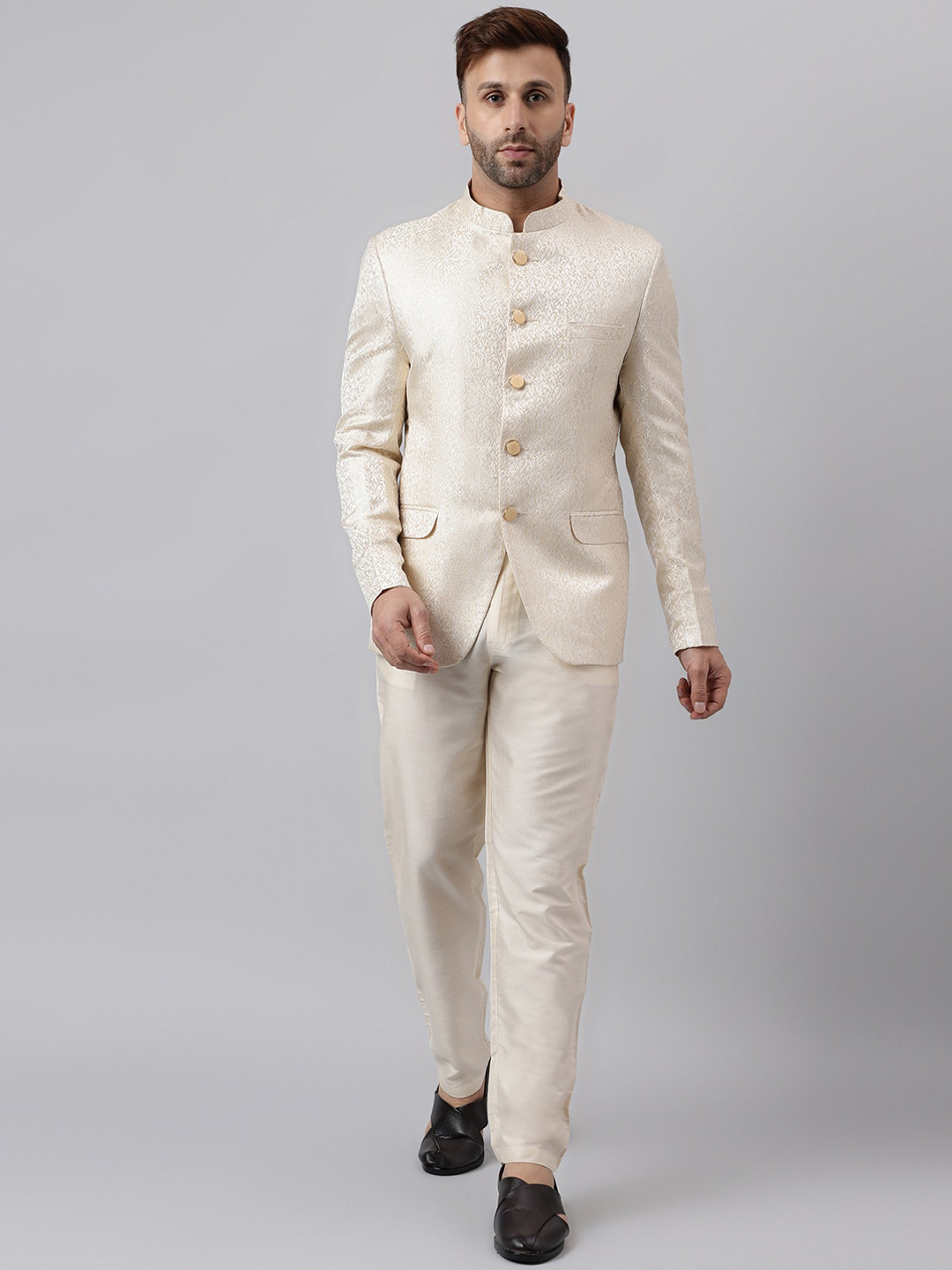 

Vgyaan Self-Design Bandhgala 2-Pieces Ethnic Suit, Cream