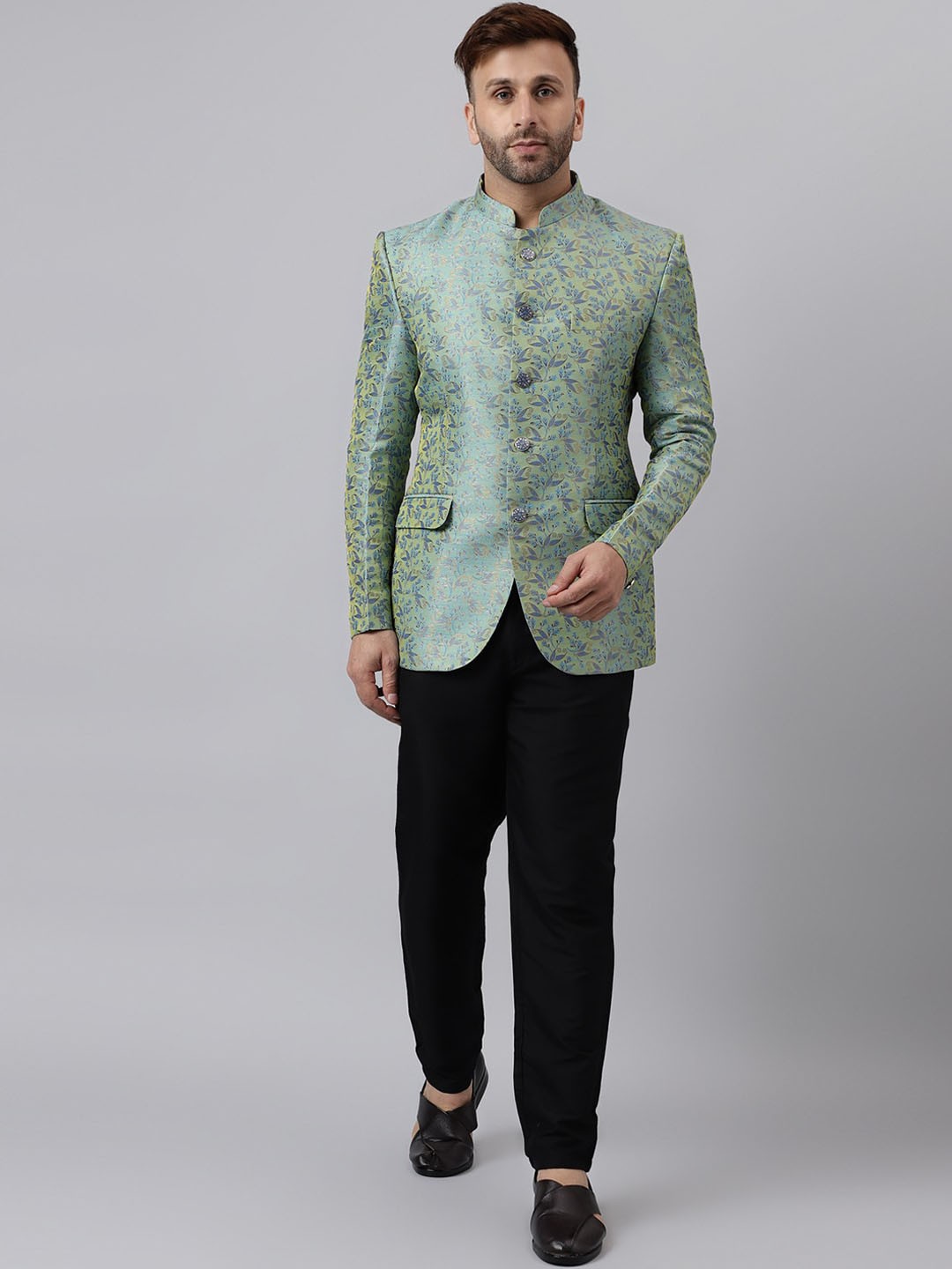 

Vgyaan Printed Bandhgala Two-Piece Ethnic Suit, Green