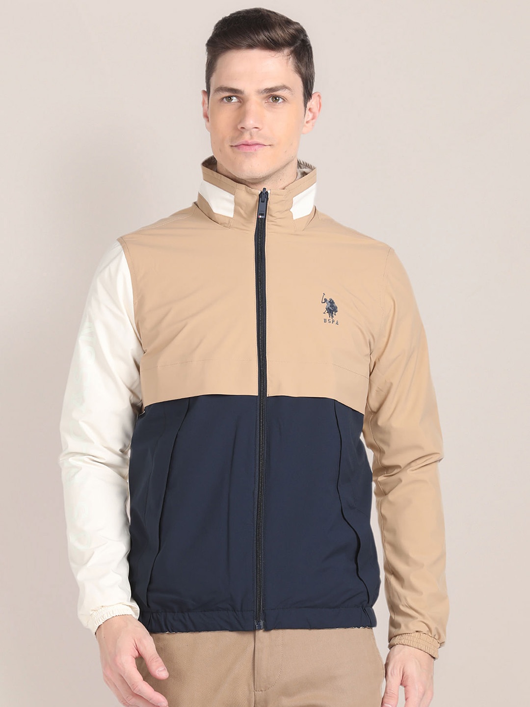 

U.S. Polo Assn. Colourblocked Mock Collar Bomber Jacket, Brown
