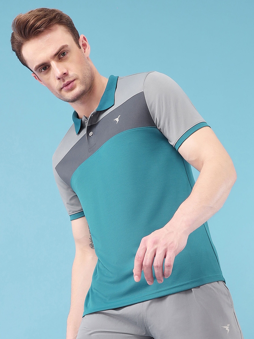 

Technosport Striped Polo Collar Antimicrobial Slim Fit T-shirt, Teal