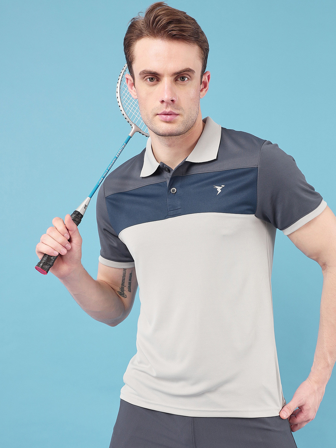 

Technosport Colourblocked Polo Collar Antimicrobial Slim Fit Sports T-shirt, Grey