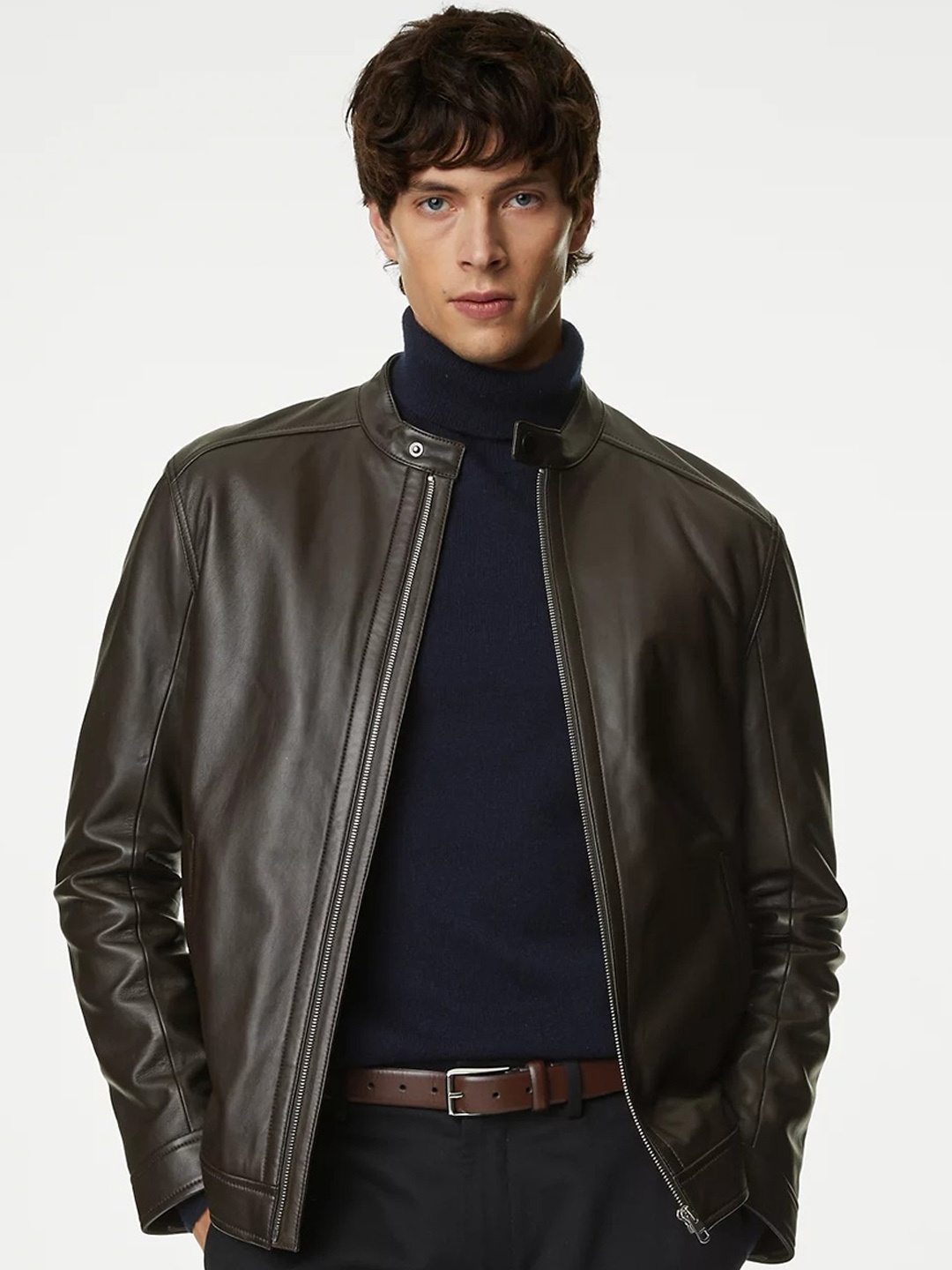 

Marks & Spencer Mandarin Collar Leather Jacket, Brown