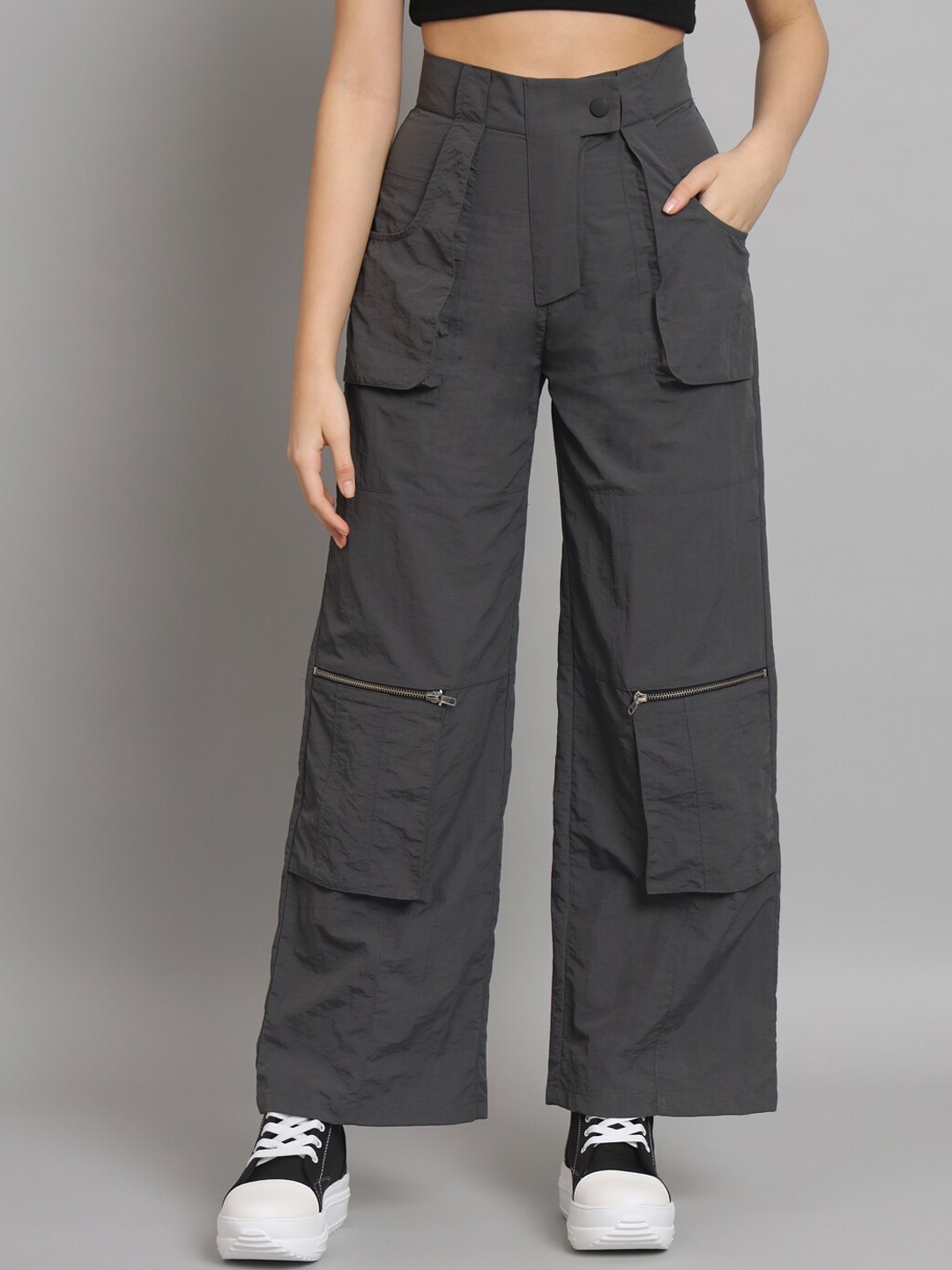 

VividArtsy Women Mid Rise Tapered Fit Parallel Trousers, Grey