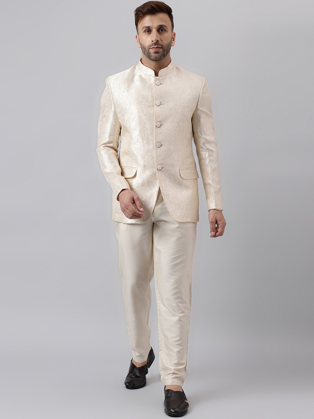 

hangup trend Self Design Bandhgala Jacquard Two-Piece Ethnic Suit, Cream