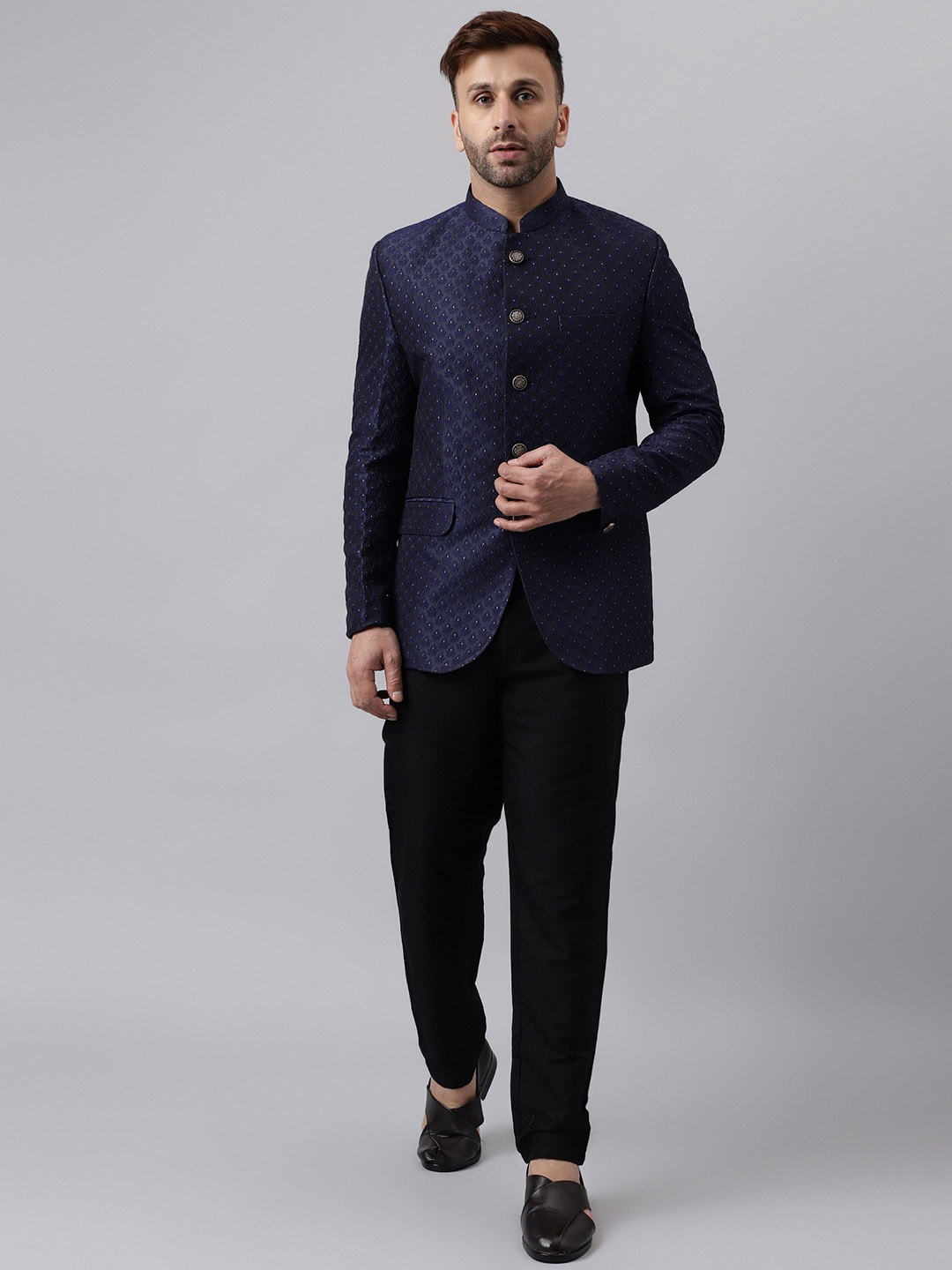 

hangup trend Sequinned Embroidered 2 Piece Jacquard Bandgala Suits, Navy blue