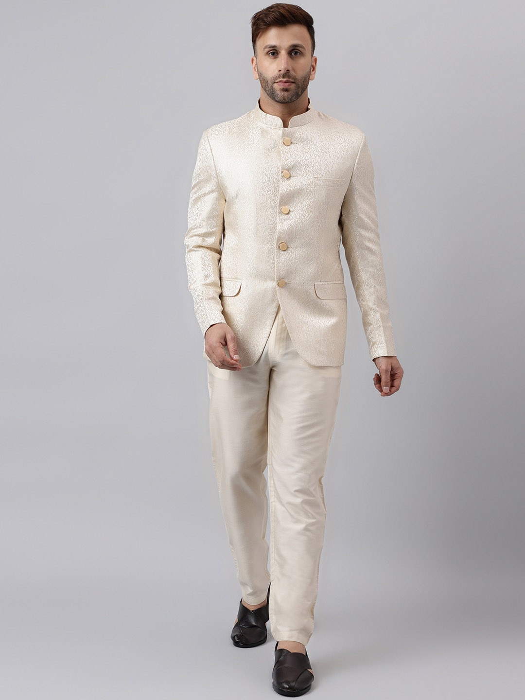 

hangup trend Self Design Bandhgala Jacquard Two-Piece Ethnic Suit, Cream