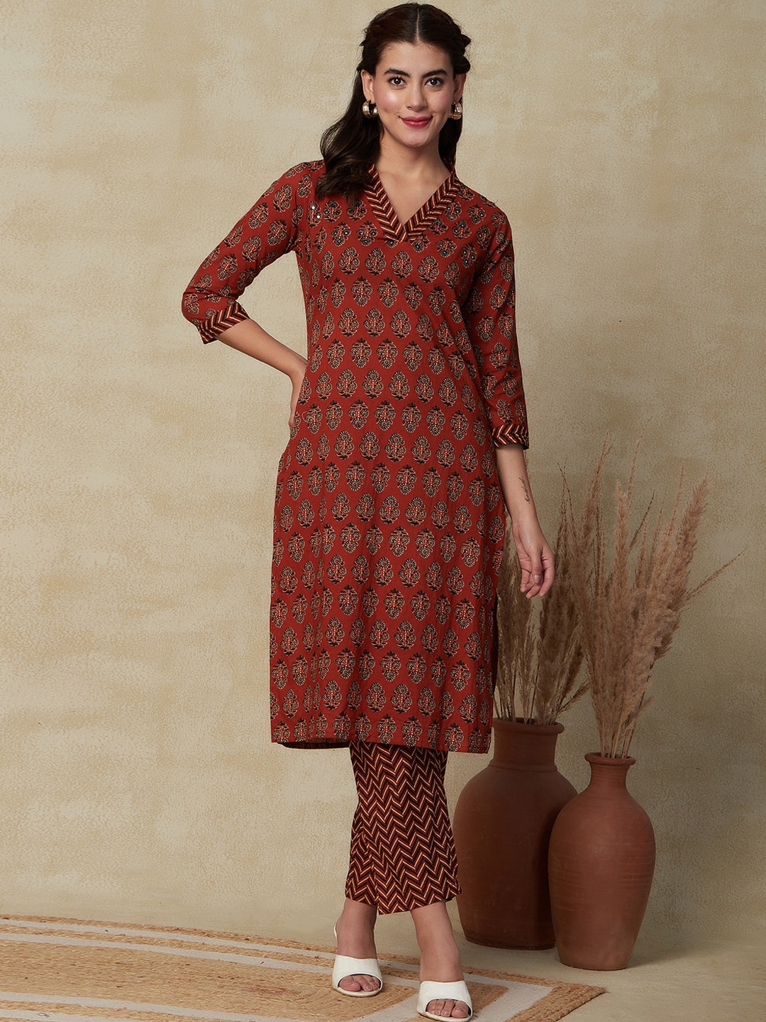 

FASHOR Floral Printed Mirror Work Pure Cotton Kurta With Trousers, Rust