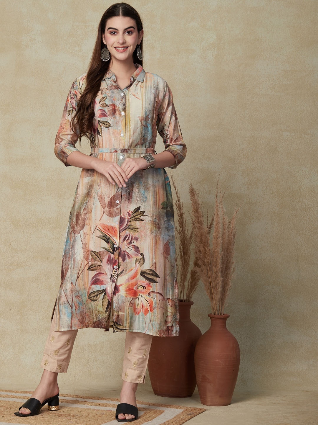 

FASHOR Floral Printed Shirt Collar Straight Kurta, Beige