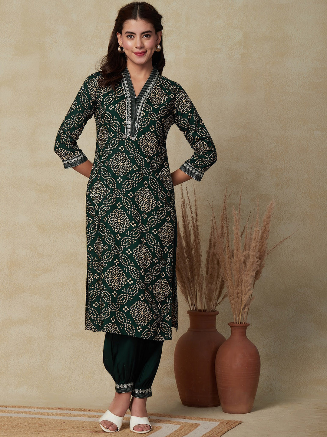 

FASHOR Bandhani Printed Kurta With Patiala, Green