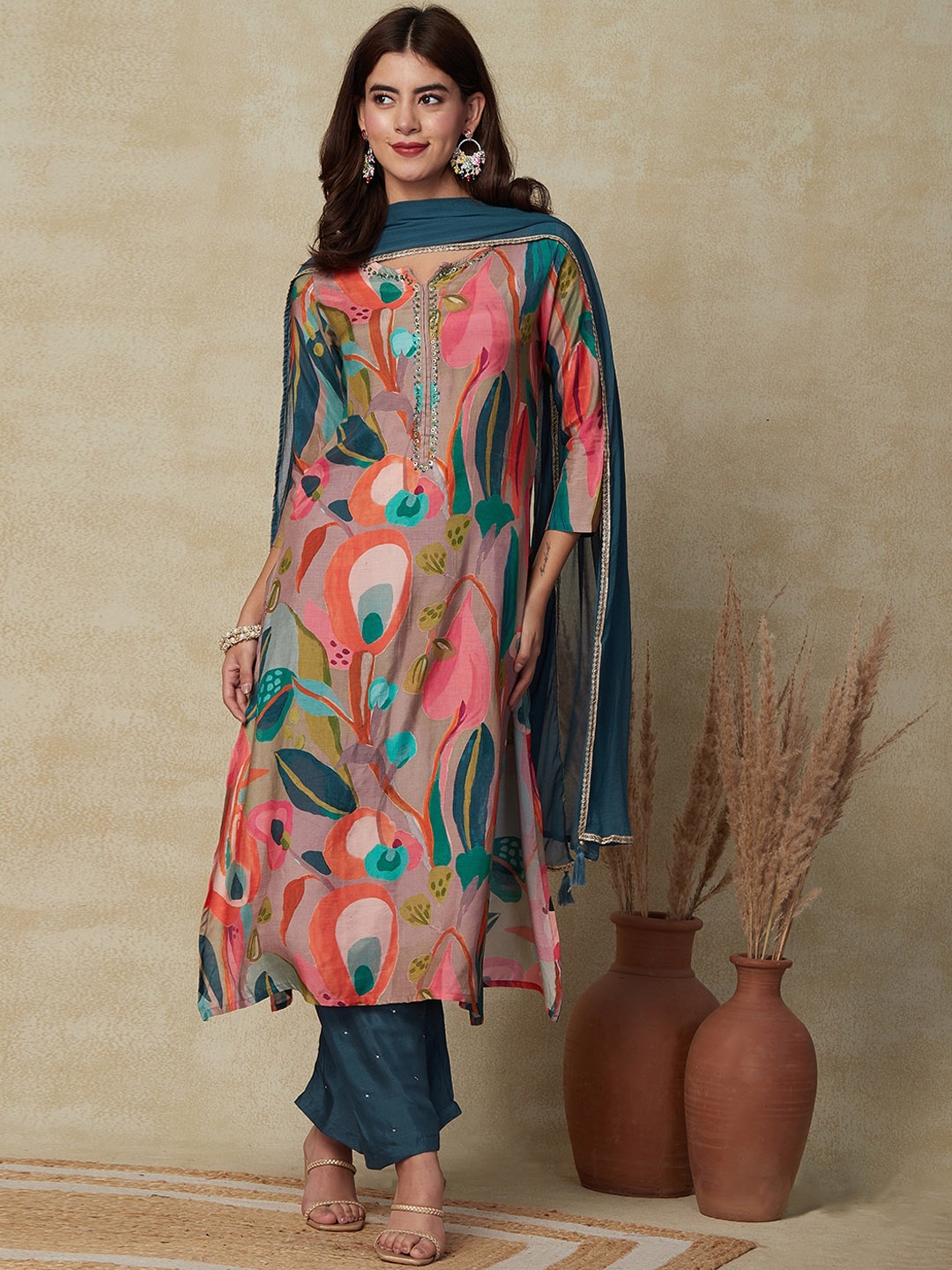 

FASHOR Abstract Printed Straight Kurta With Palazzos & Dupatta, Pink