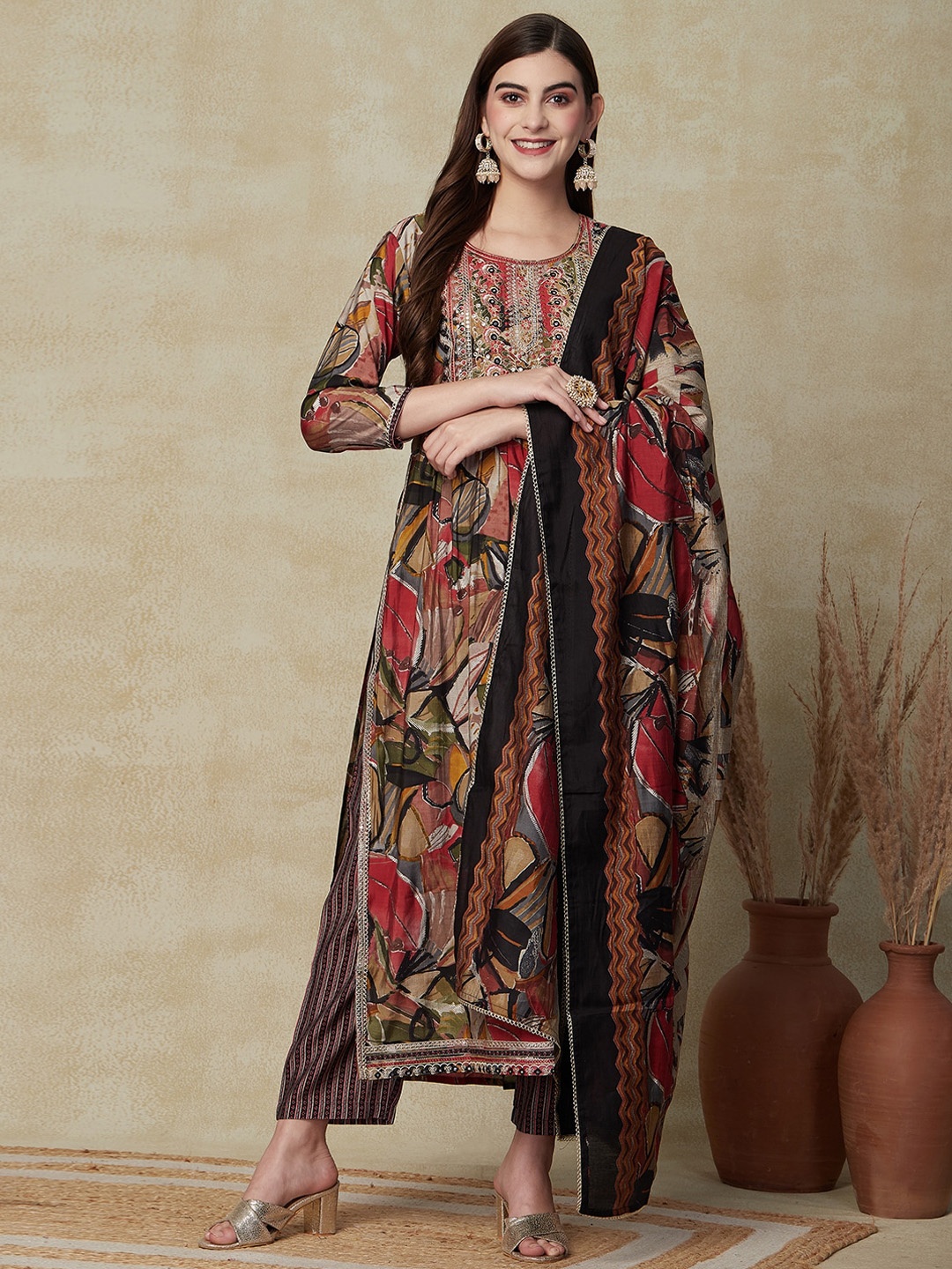 

FASHOR Printed Mirror Work A-line Kurta With Trousers & Dupatta, Maroon