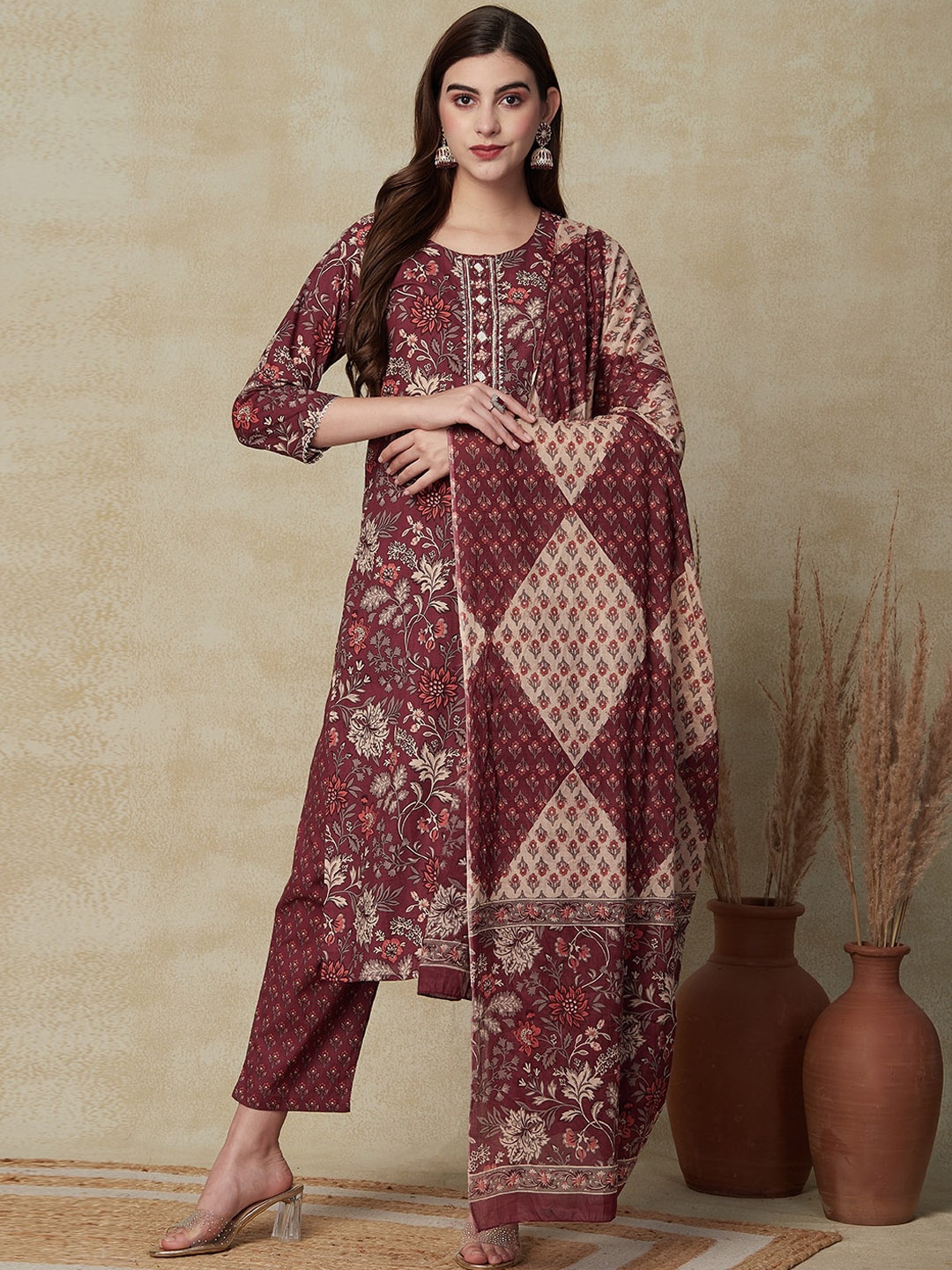

FASHOR Floral Printed Beads and Stones Pure Cotton Kurta With Trousers & Dupatta, Mauve