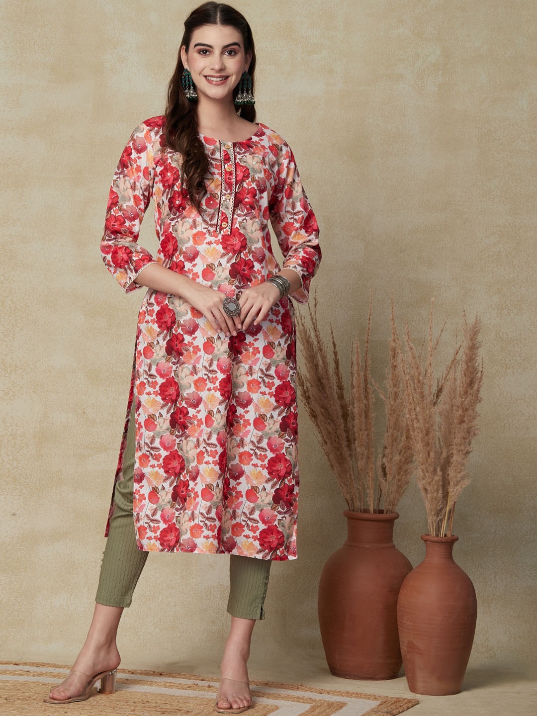 

FASHOR Floral Printed Straight Linen Kurta, White