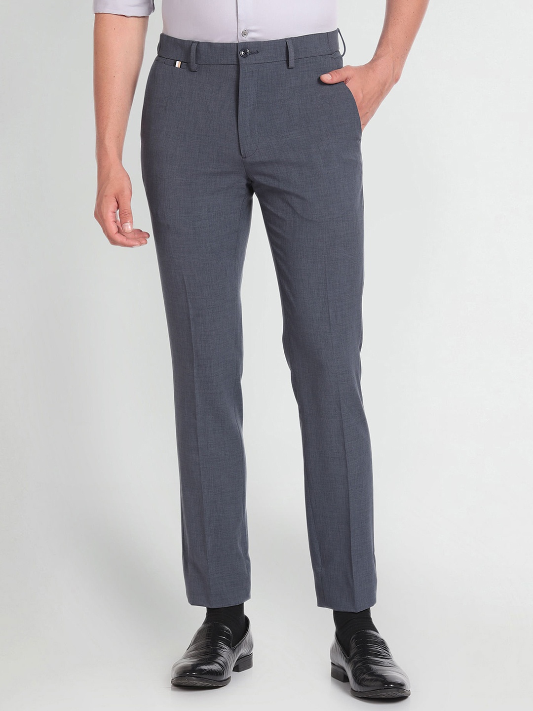 

Arrow New York Men Mid-Rise Slim Fit Textured Formal Trousers, Grey