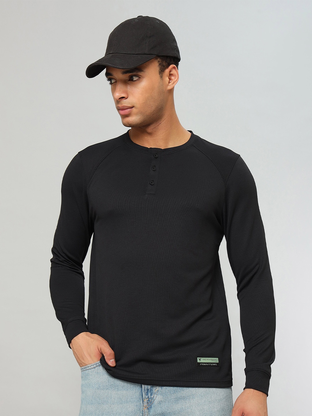 

Technosport Men Active Henley Neck Solid T-Shirt, Black
