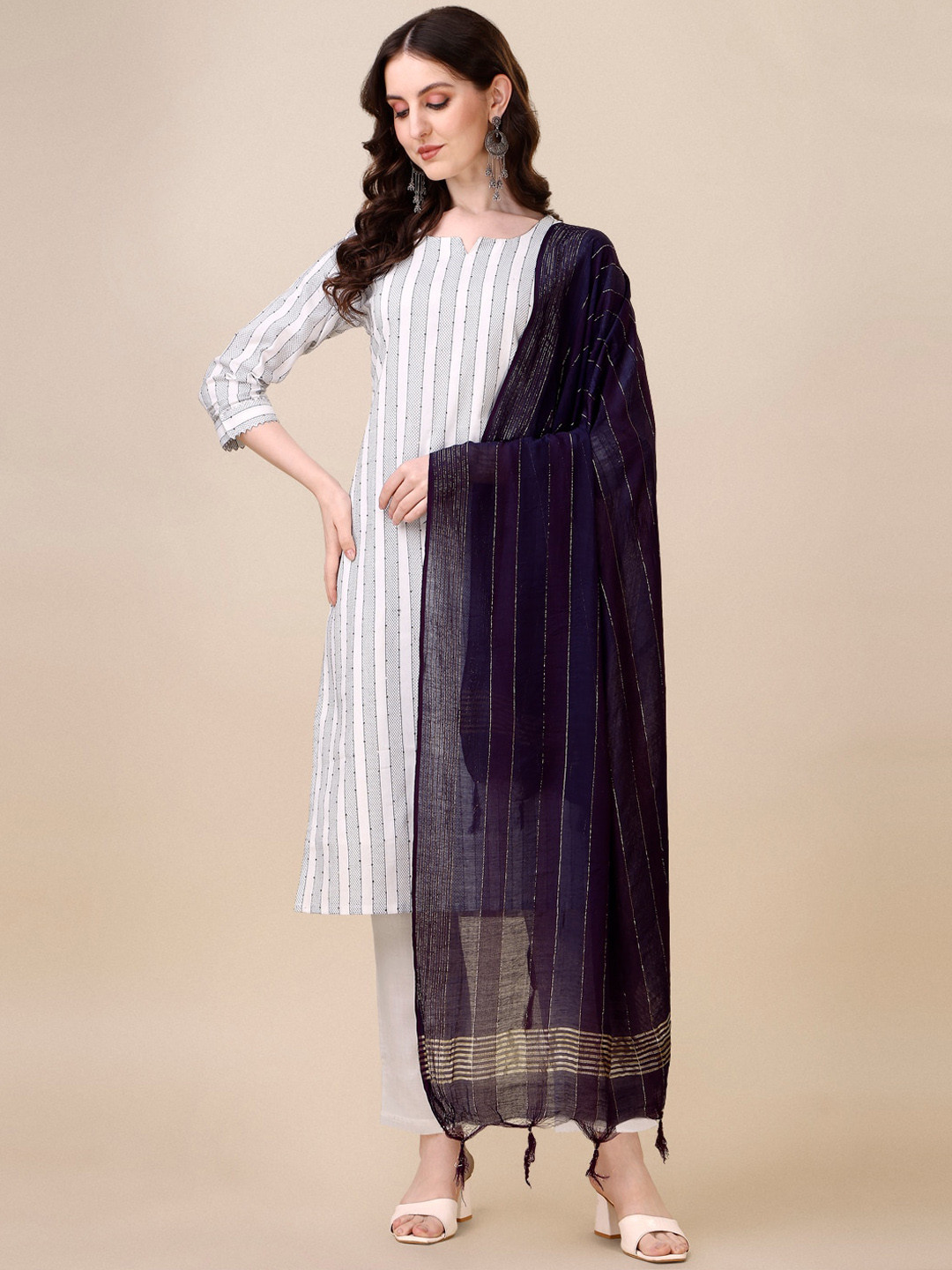 

Fashion Basket Striped Sequinned Detailed Straight Kurta & Trouser With Dupatta, White