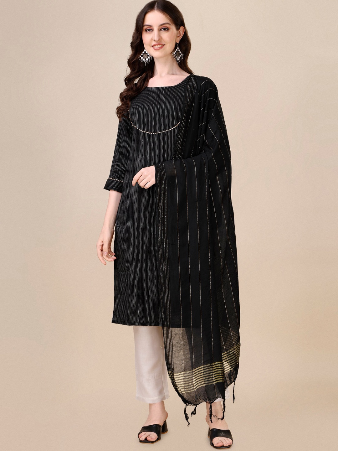 

Fashion Basket Striped Gotta Patti Detailed Straight Kurta & Trouser With Dupatta, Black