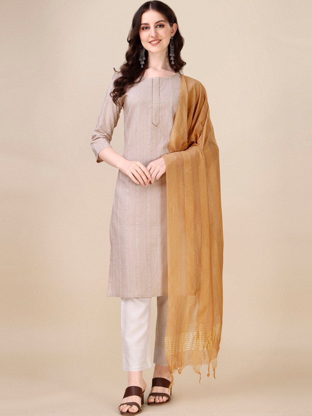 

Fashion Basket Striped Sequinned Detailed Straight Kurta & Trouser With Dupatta, Beige