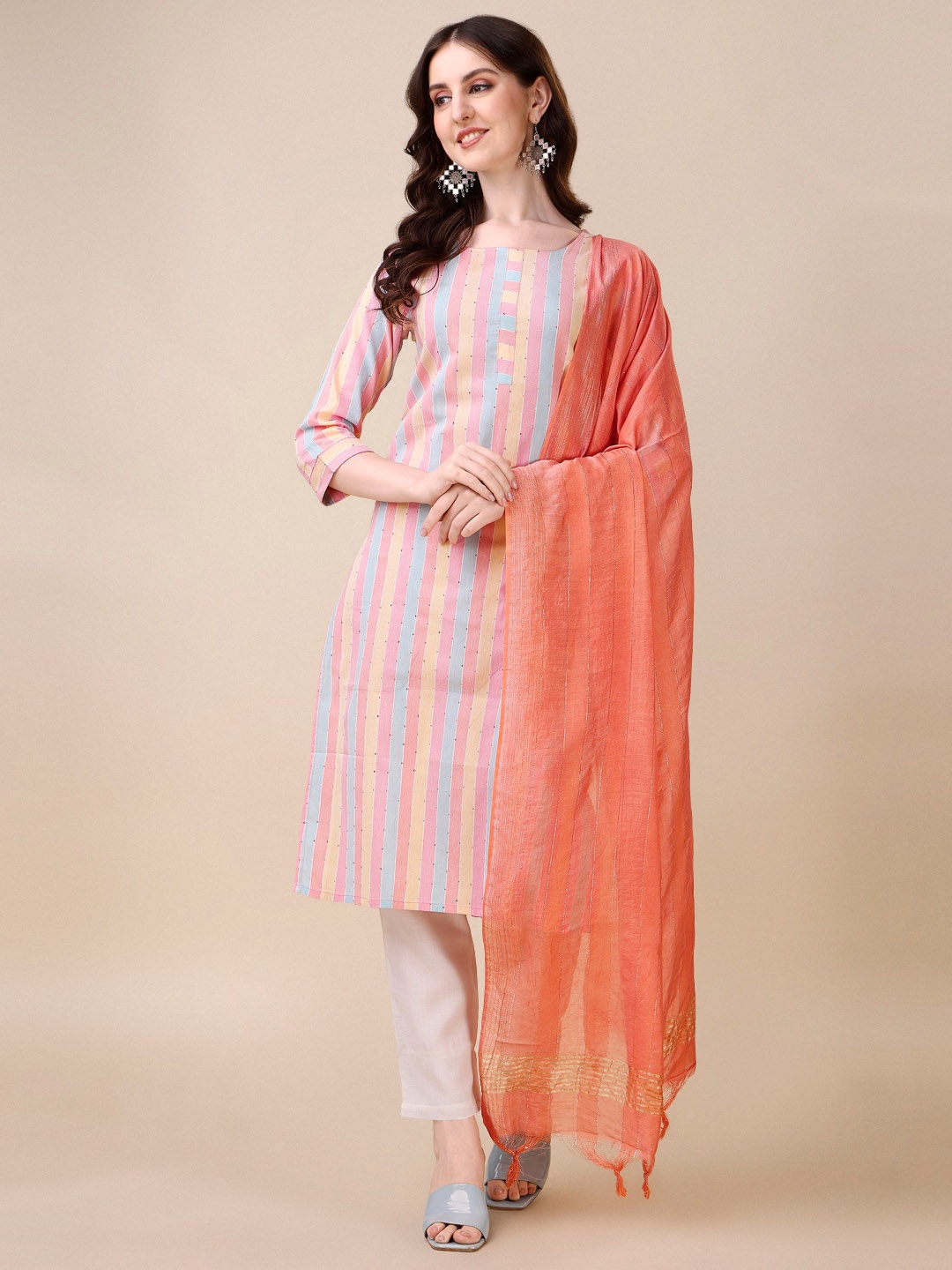 

Fashion Basket Striped Sequinned Detailed Straight Kurta & Trouser With Dupatta, Peach