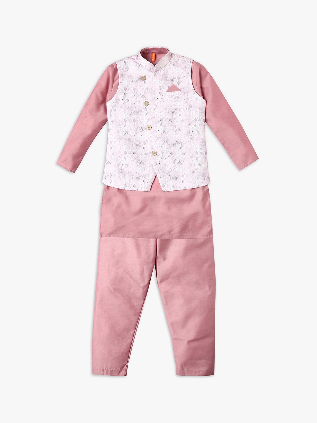 

Ethnicity Boys Mandarin Collar Straight Kurta & Trousers with Nehru Jacket, Pink