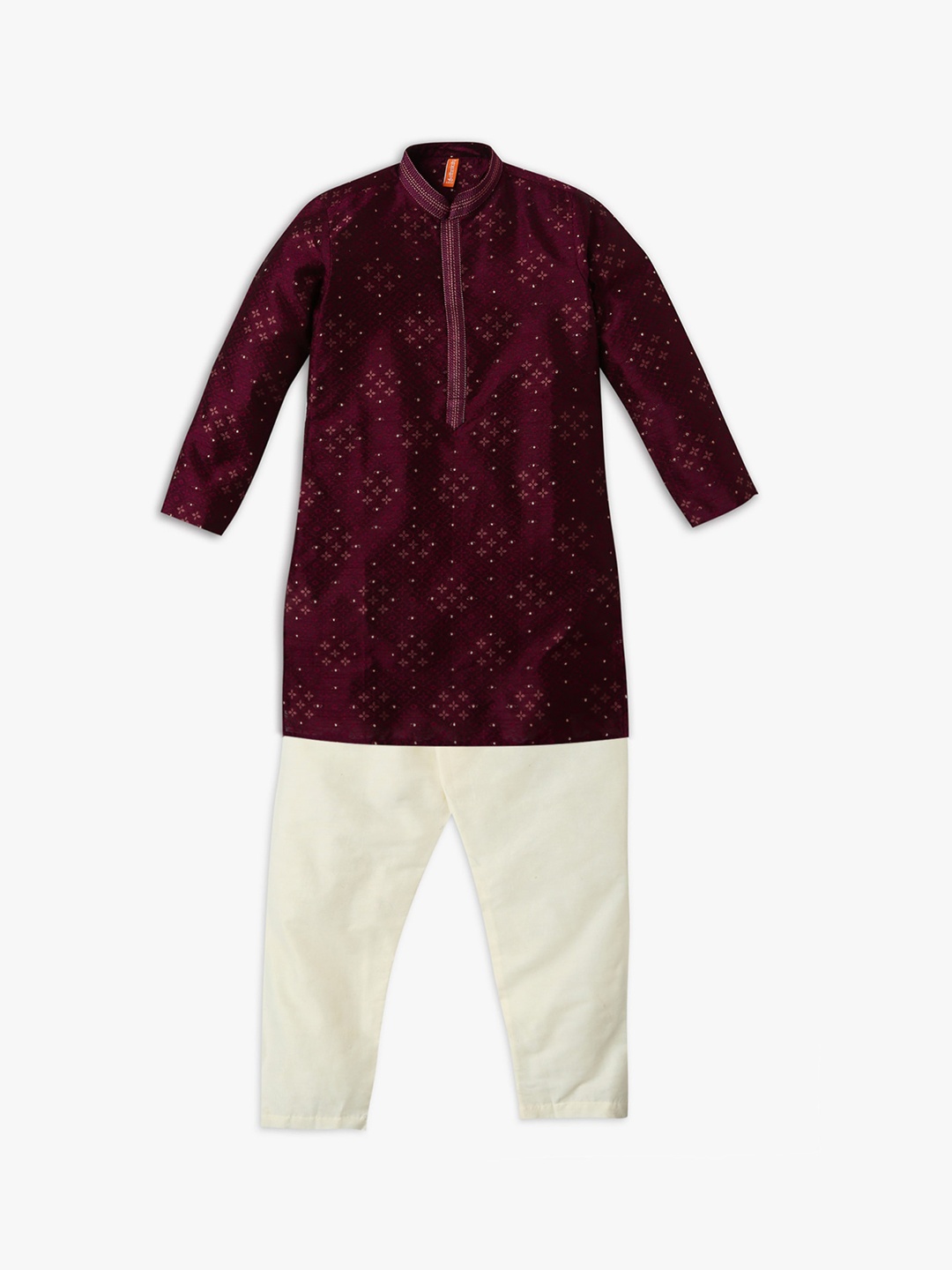 

Ethnicity Boys Ethnic Motifs Self Design Mandarin Collar Jacquard Kurta with Pyjamas, Burgundy