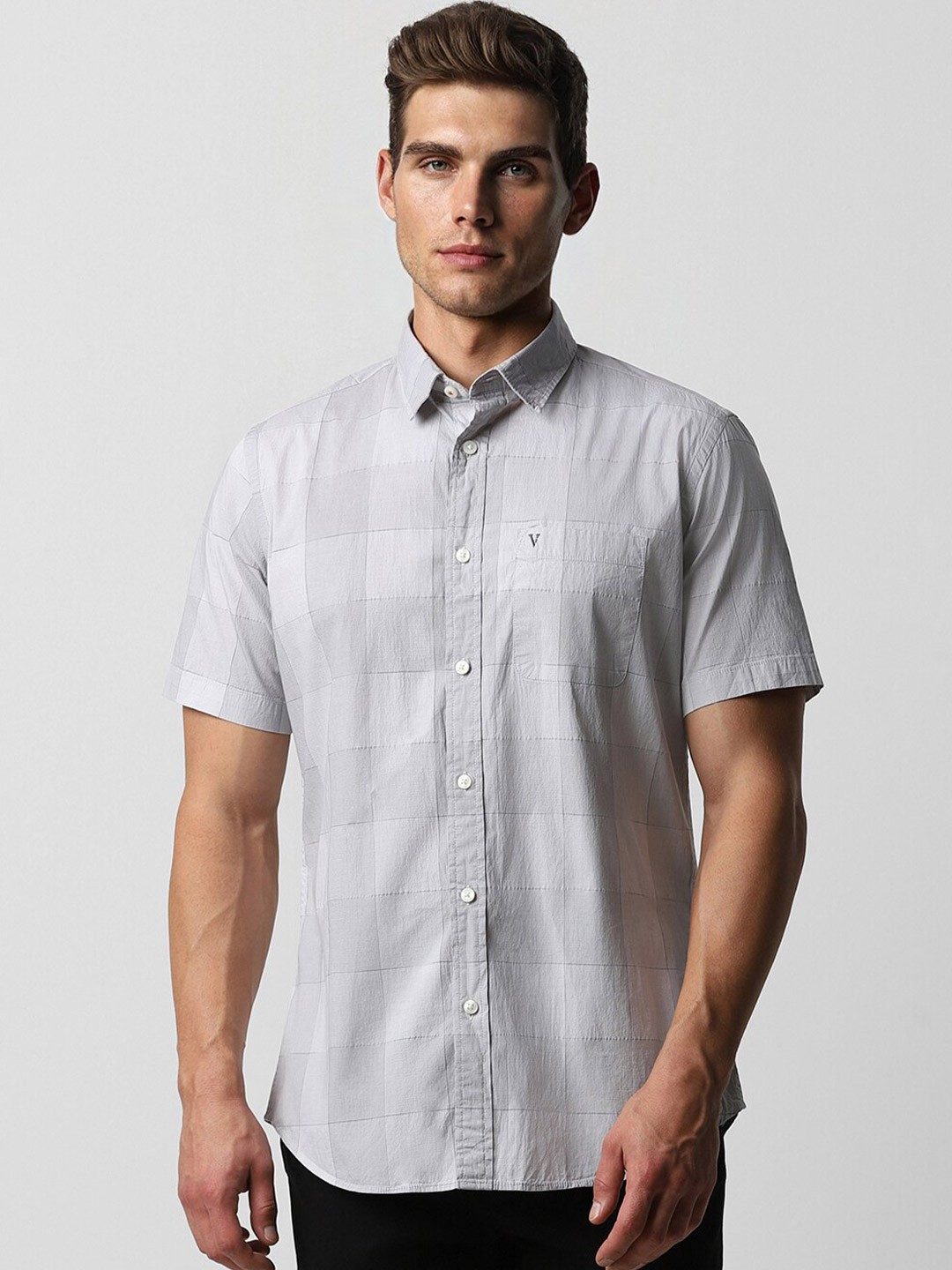 

Van Heusen Sport Slim Fit Windowpane Checked Spread Collar Casual Shirt, Grey