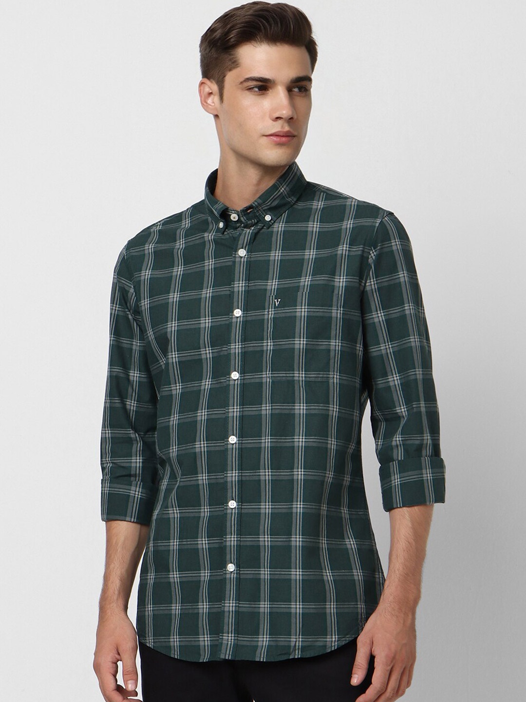 

Van Heusen Sport Slim Fit Tartan Checked Pure Cotton Casual Shirt, Green