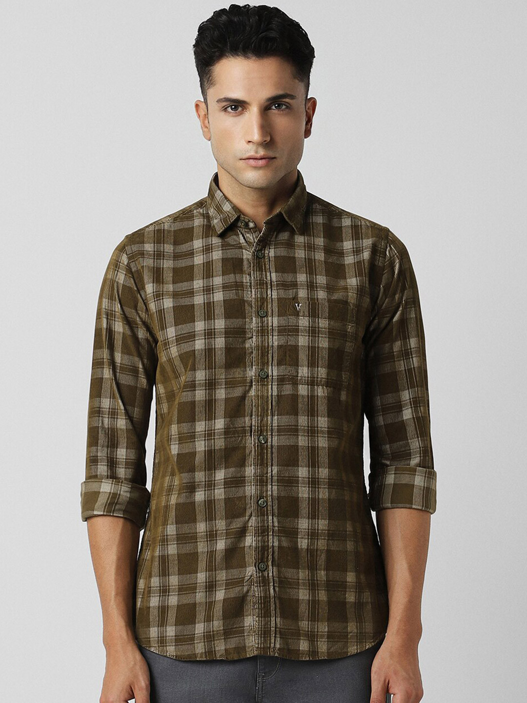 

Van Heusen Sport Slim Fit Tartan Checked Spread Collar Pure Cotton Casual Shirt, Olive