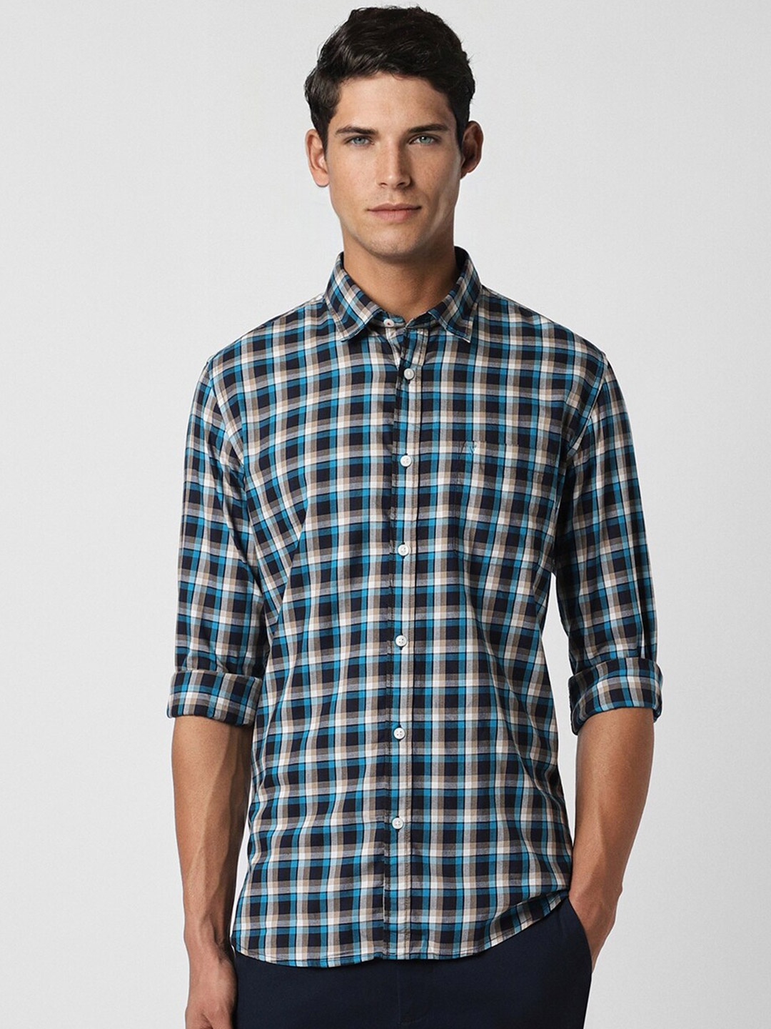 

Van Heusen Sport Slim Fit Tartan Checked Spread Collar Pure Cotton Casual Shirt, Navy blue
