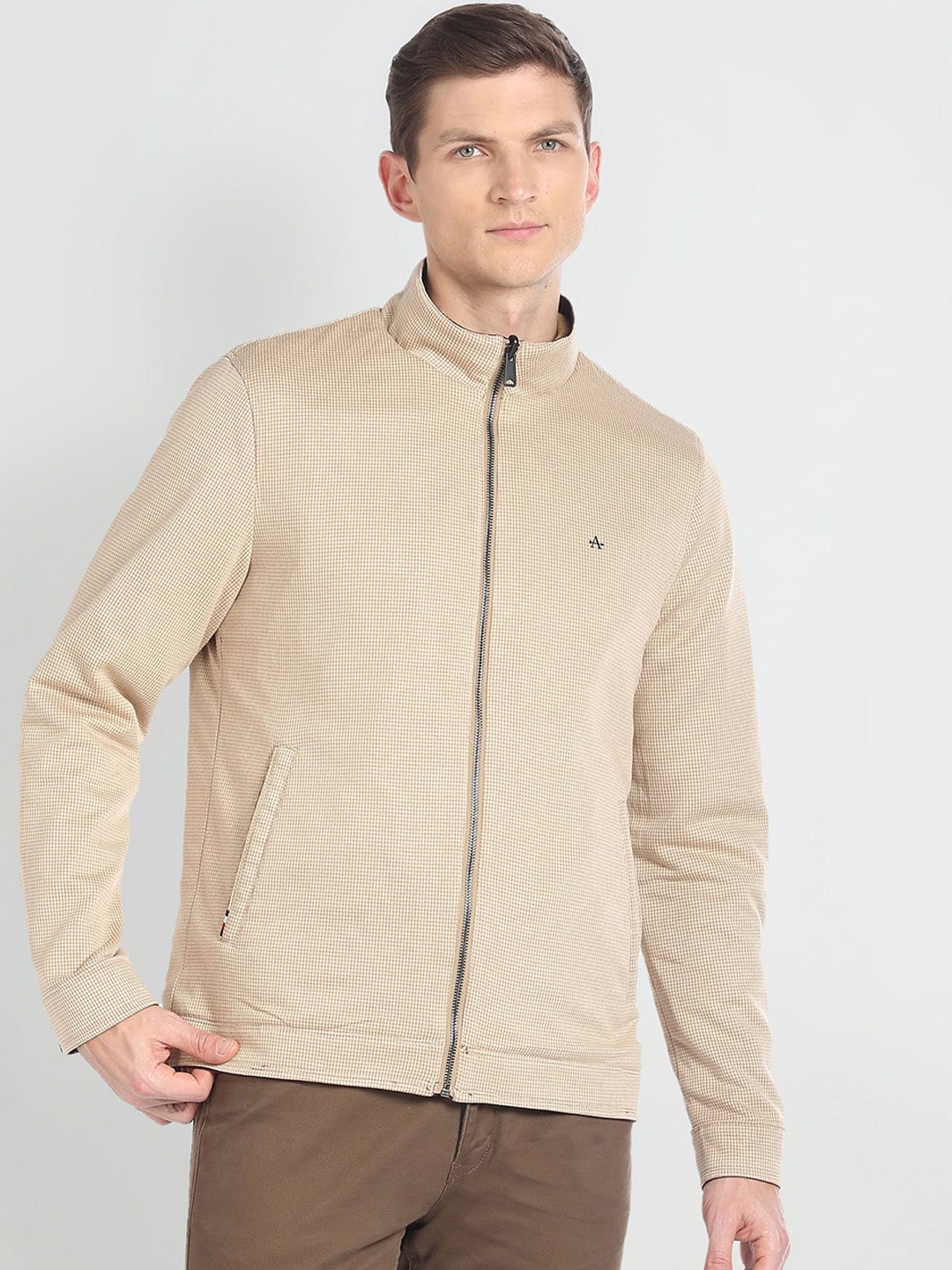 

Arrow Sport Checked High Neck Reversible Bomber Jacket, Beige