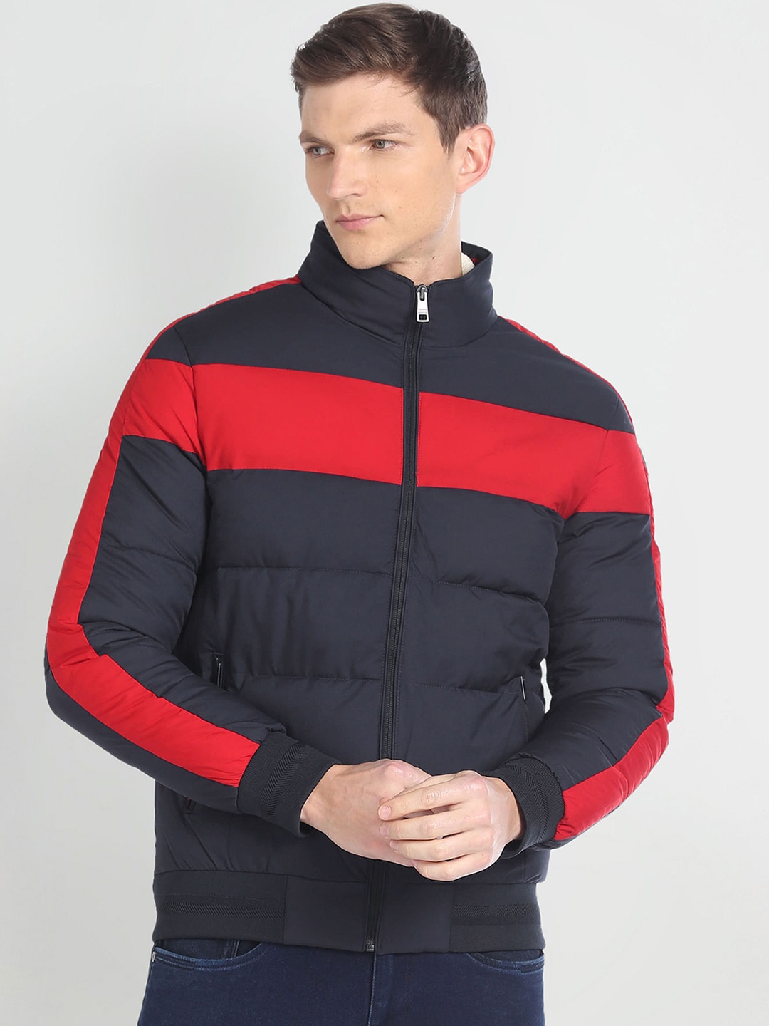 

Arrow Sport Colourblocked Mock Collar Puffer Jacket, Navy blue